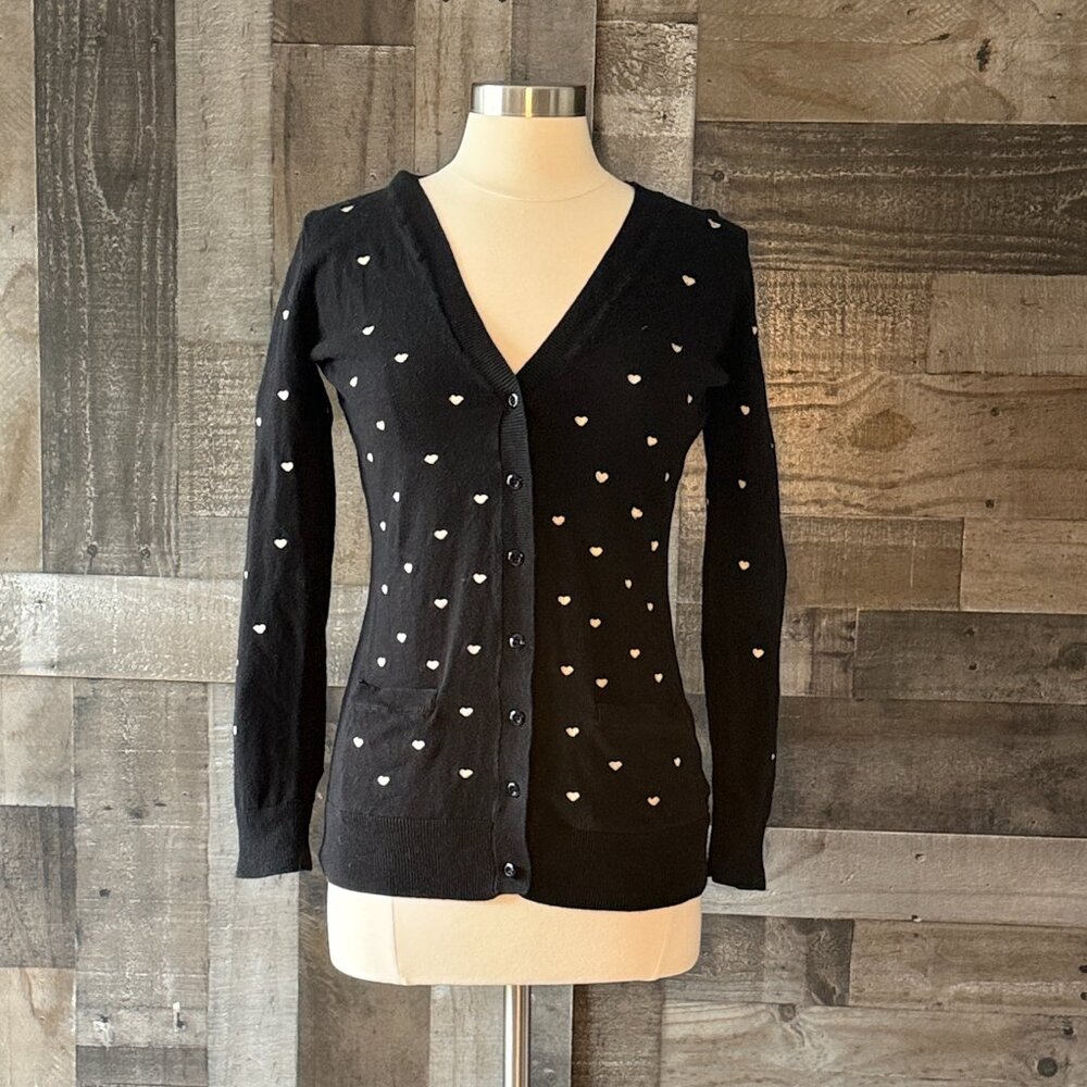 Black button up cardigan large embroidered gold hearts Valentine's Day lovecore